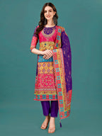 Printed & Hand Embroidered Kurta With Pant & Dupatta, Multicolor - Hiral Fashion