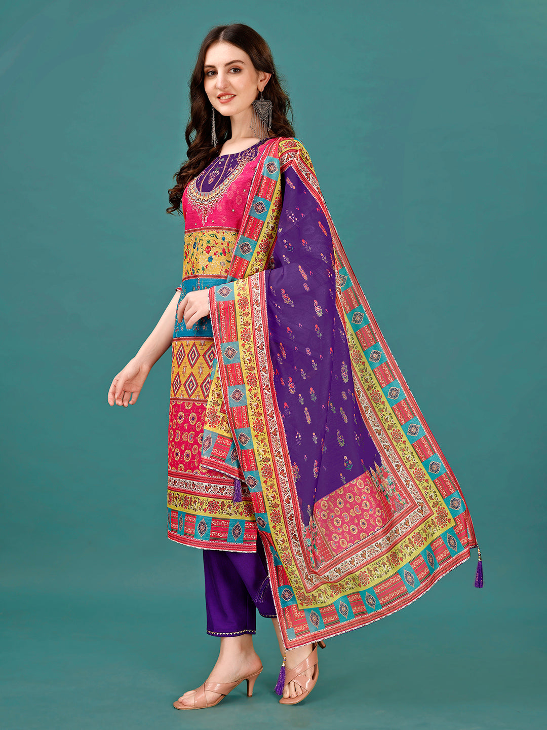 Printed & Hand Embroidered Kurta With Pant & Dupatta, Multicolor - Hiral Fashion
