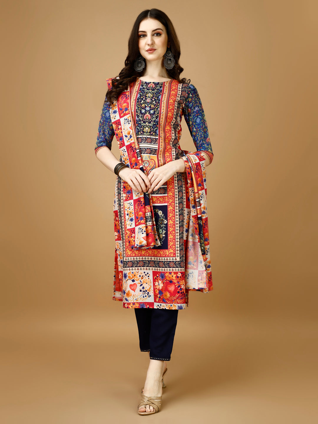Hand Embroidered & Printed Kurta With Pant & Printed Dupatta, Multicolor - Hiral Fashion - Distacart