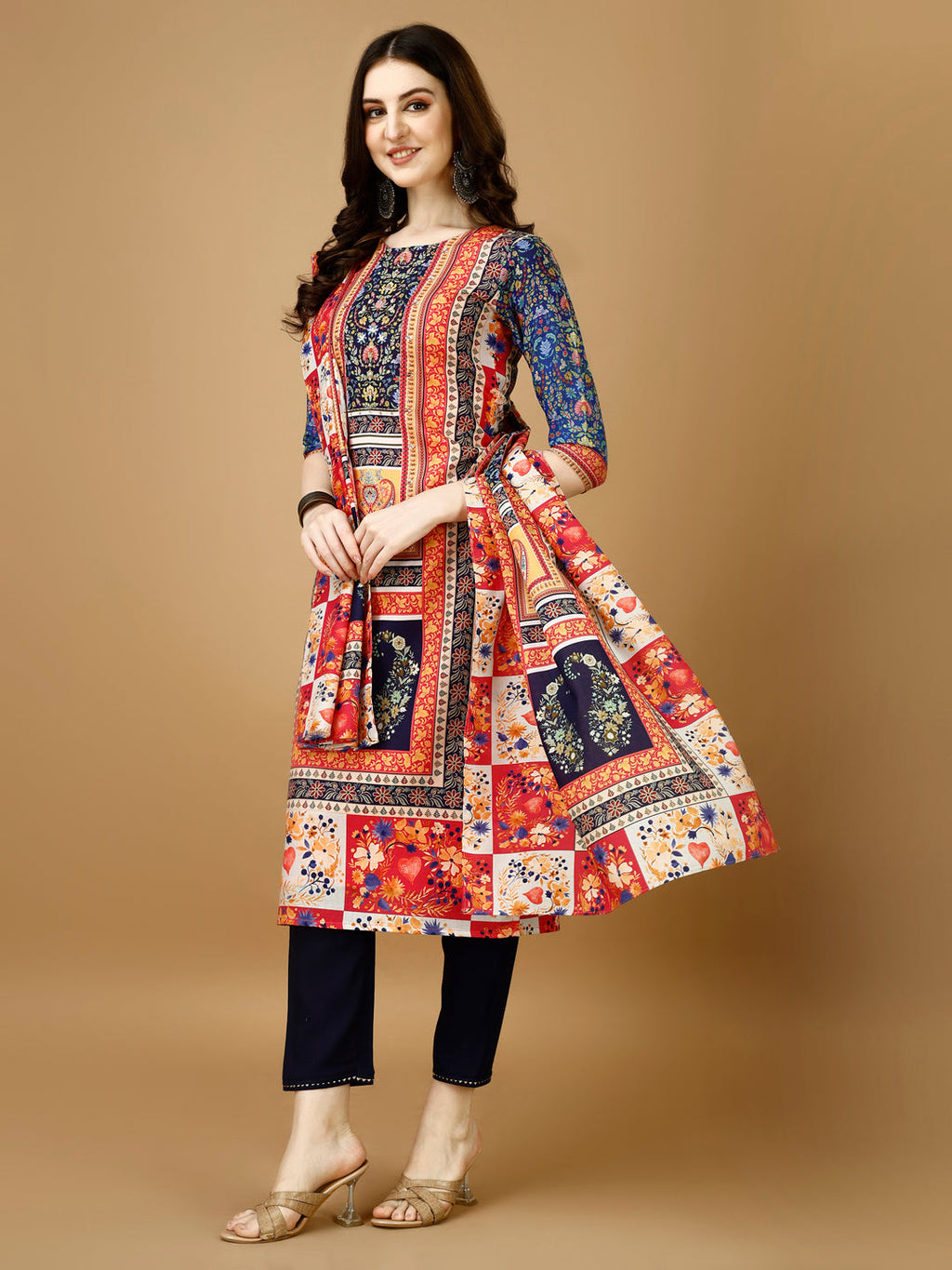 Hand Embroidered & Printed Kurta With Pant & Printed Dupatta, Multicolor - Hiral Fashion - Distacart