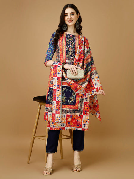 Hand Embroidered & Printed Kurta With Pant & Printed Dupatta, Multicolor - Hiral Fashion