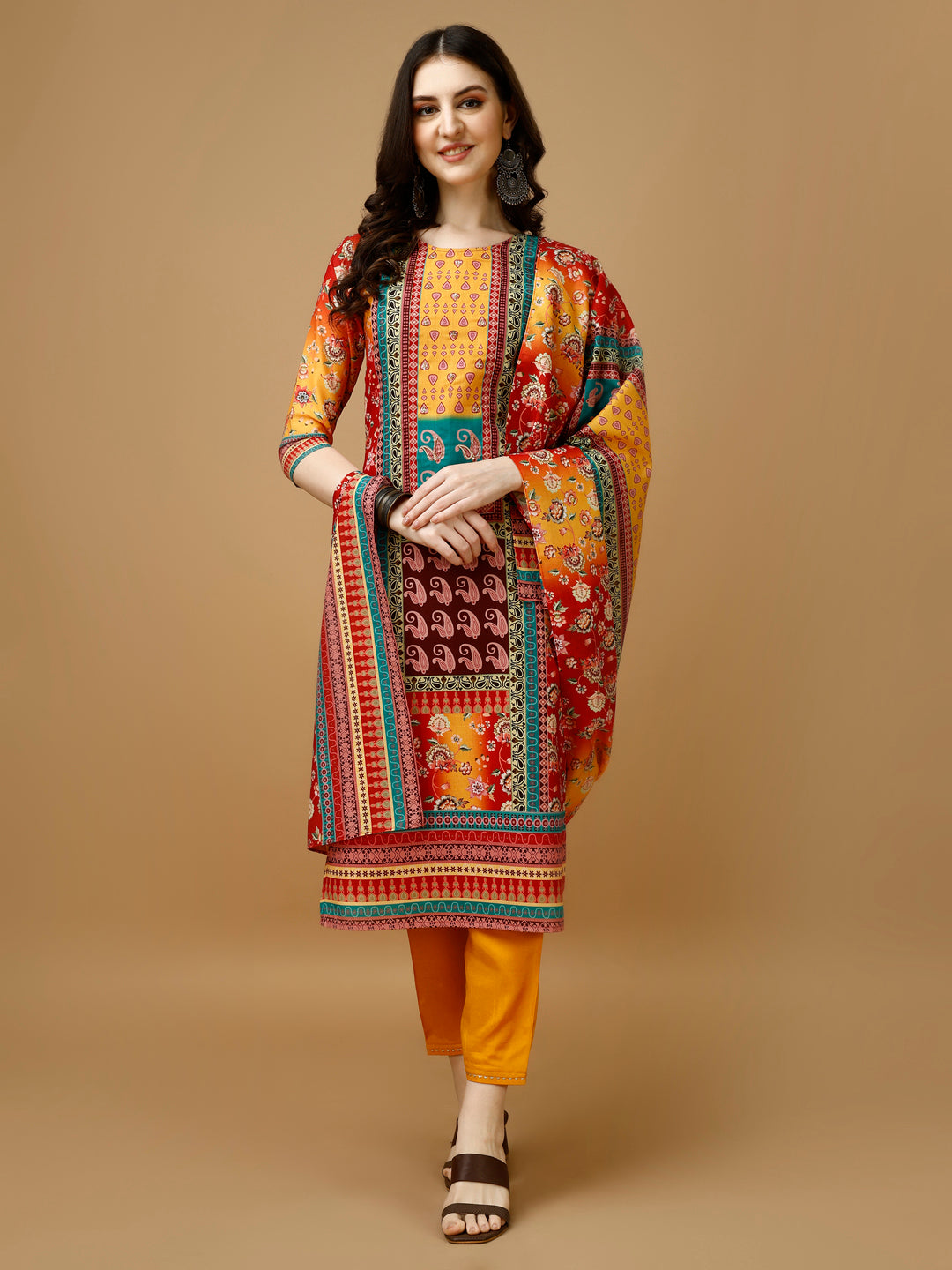 Hand Embroidered & Printed Kurta With Pant & Printed Dupatta, Multicolor - Hiral Fashion - Distacart