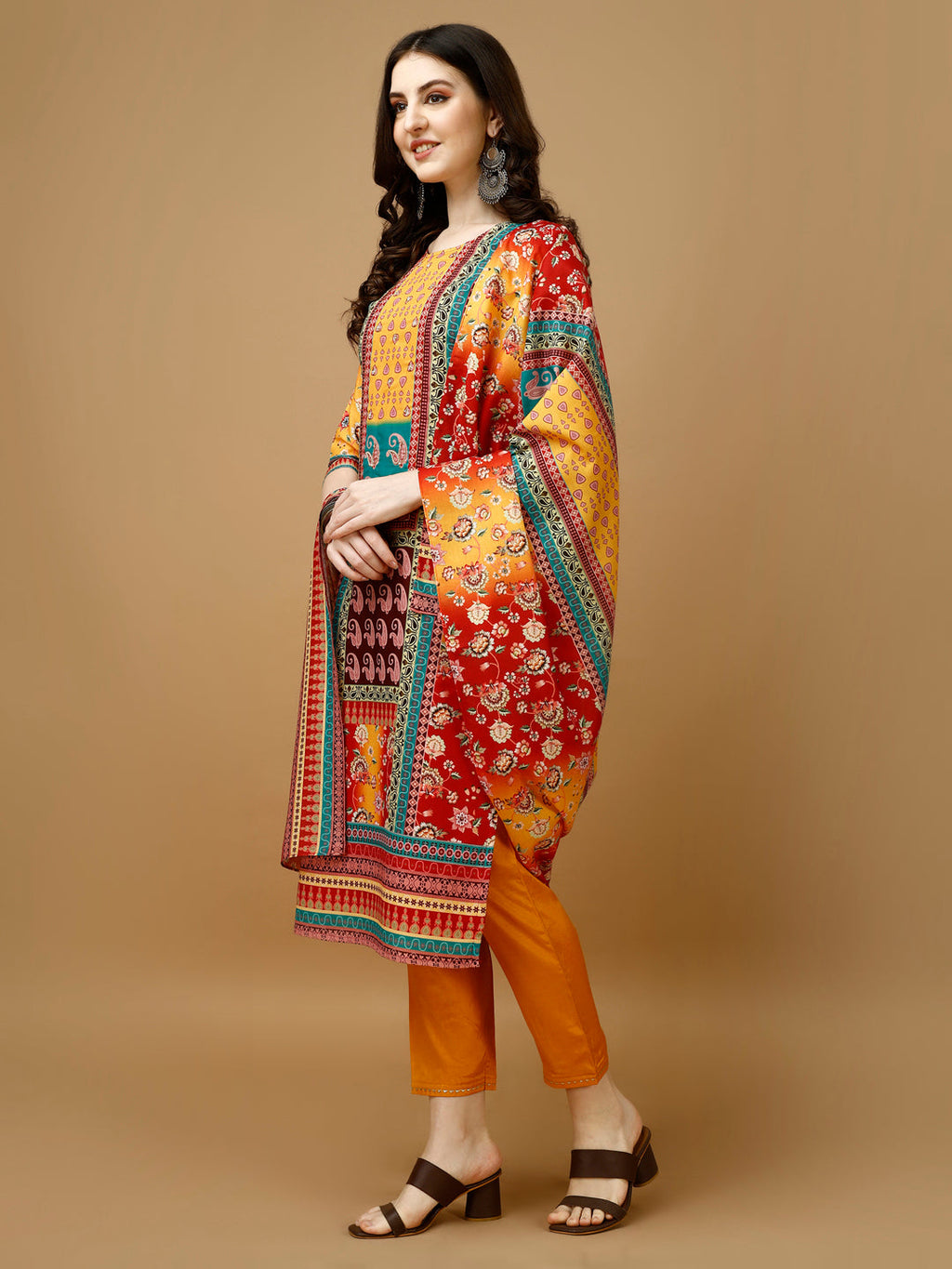 Hand Embroidered & Printed Kurta With Pant & Printed Dupatta, Multicolor - Hiral Fashion - Distacart