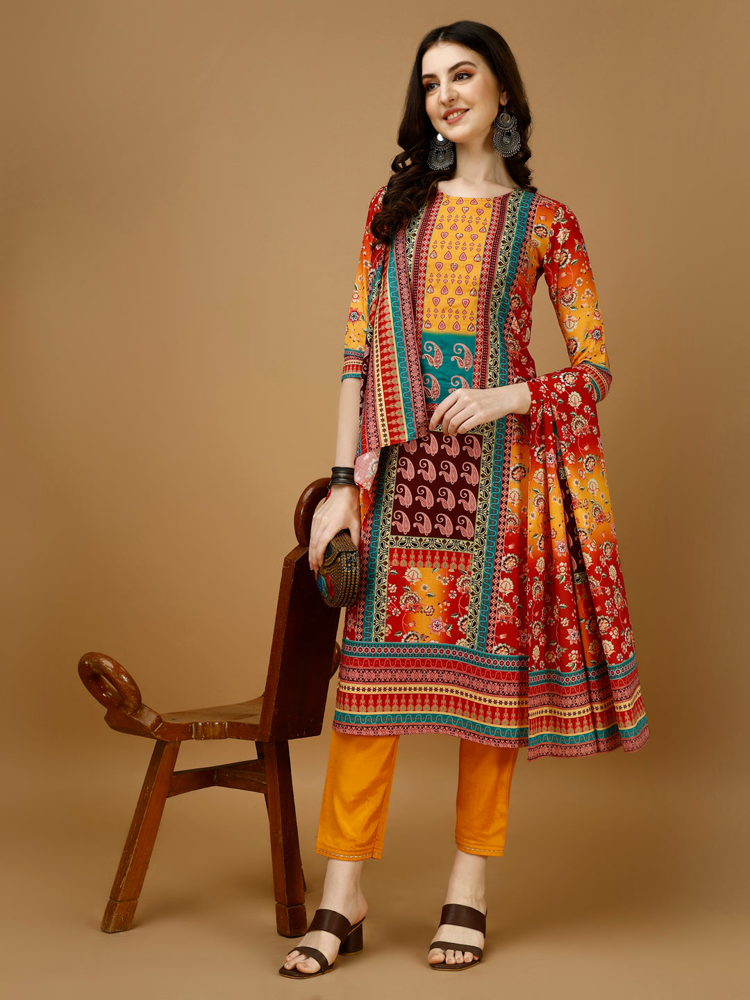 Hand Embroidered & Printed Kurta With Pant & Printed Dupatta, Multicolor - Hiral Fashion - Distacart