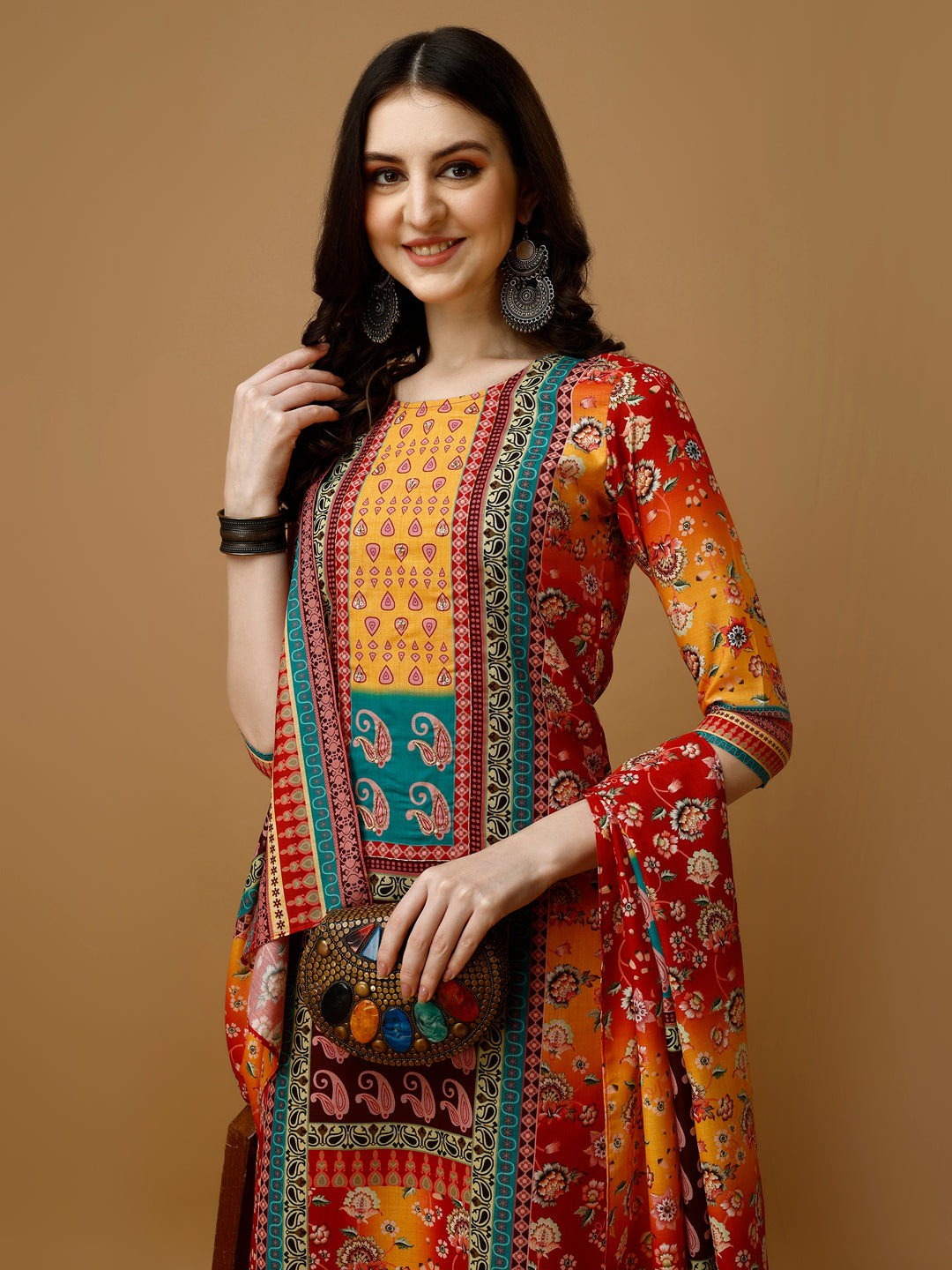Hand Embroidered & Printed Kurta With Pant & Printed Dupatta, Multicolor - Hiral Fashion - Distacart