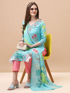Hand Embroidered Floral Printed Kurta With Pant & Dupatta, Multicolor - Hiral Fashion