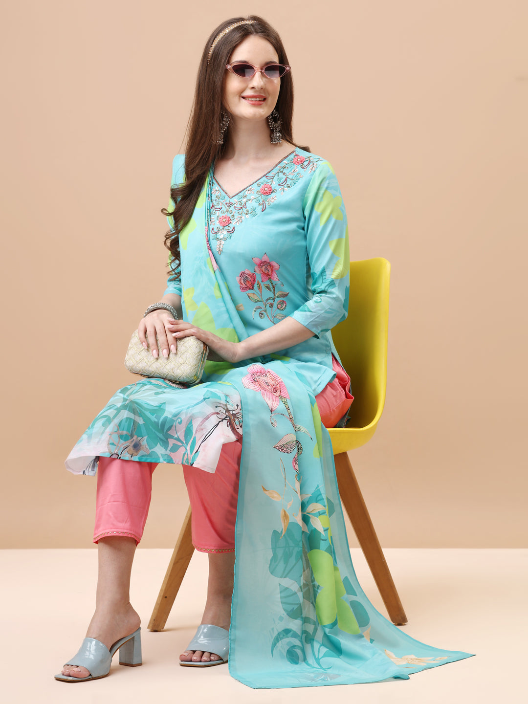 Hand Embroidered Floral Printed Kurta With Pant & Dupatta, Multicolor - Hiral Fashion