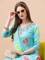 Hand Embroidered Floral Printed Kurta With Pant & Dupatta, Multicolor - Hiral Fashion