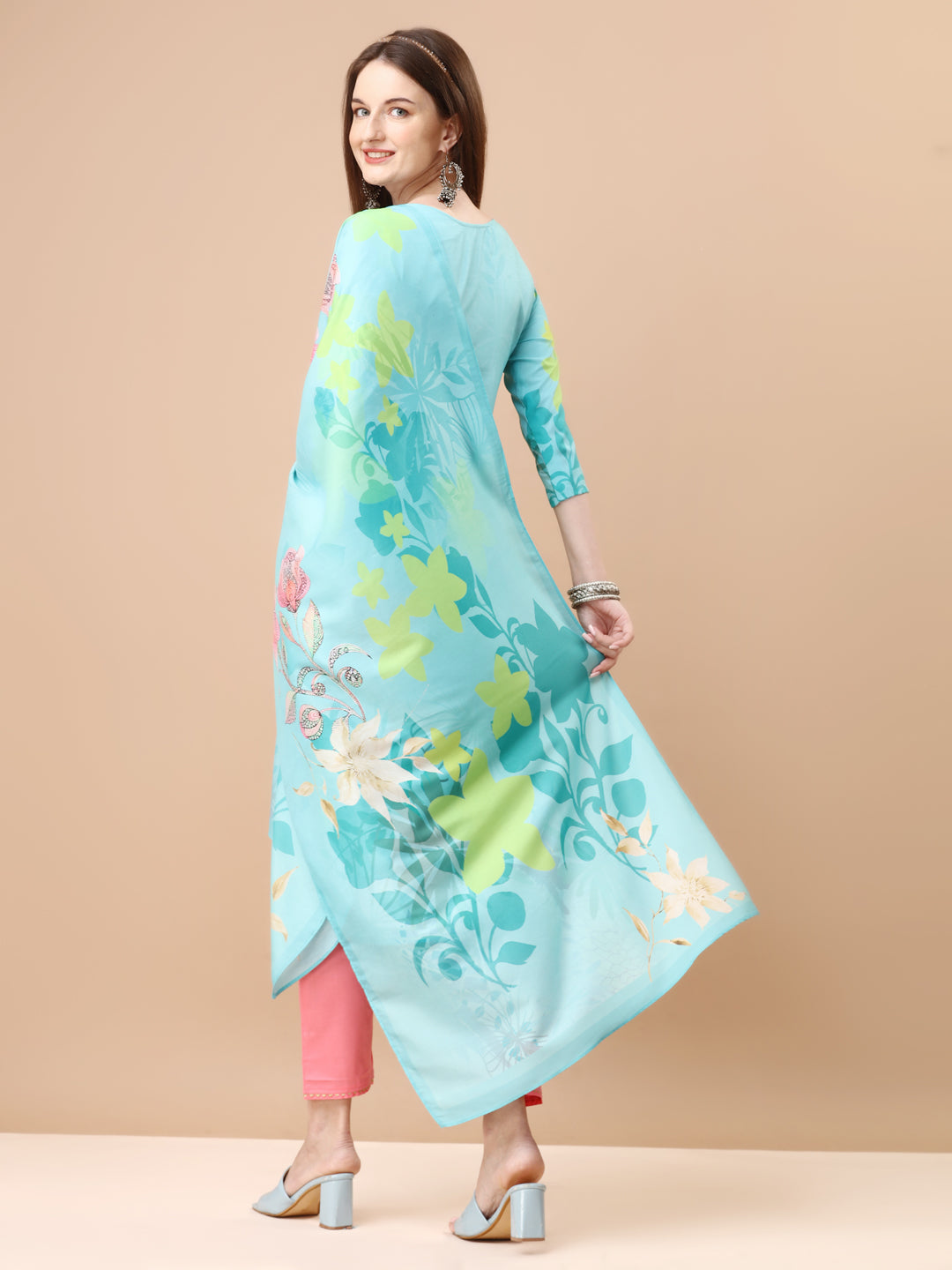 Hand Embroidered Floral Printed Kurta With Pant & Dupatta, Multicolor - Hiral Fashion