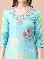 Hand Embroidered Floral Printed Kurta With Pant & Dupatta, Multicolor - Hiral Fashion