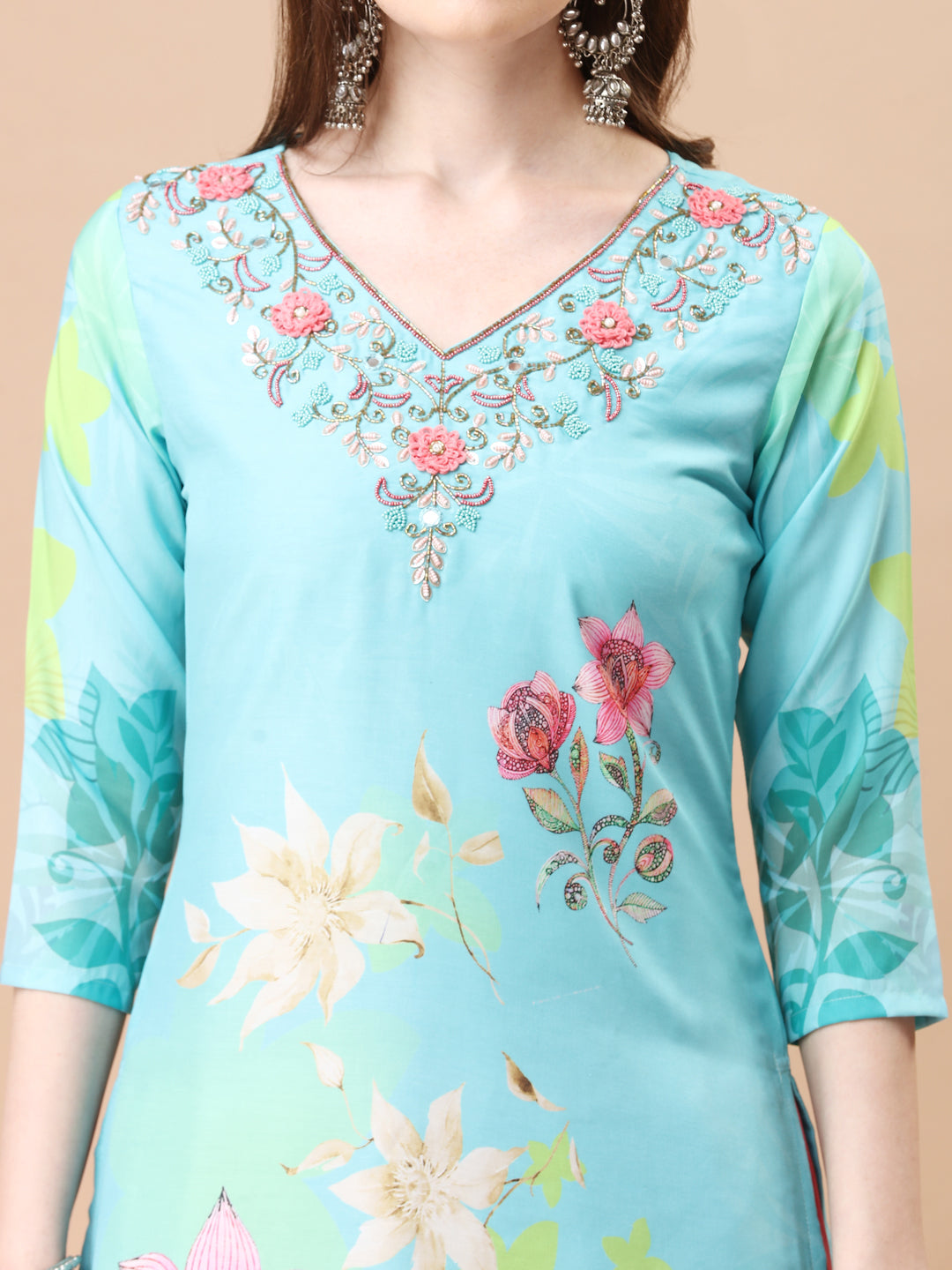 Hand Embroidered Floral Printed Kurta With Pant & Dupatta, Multicolor - Hiral Fashion