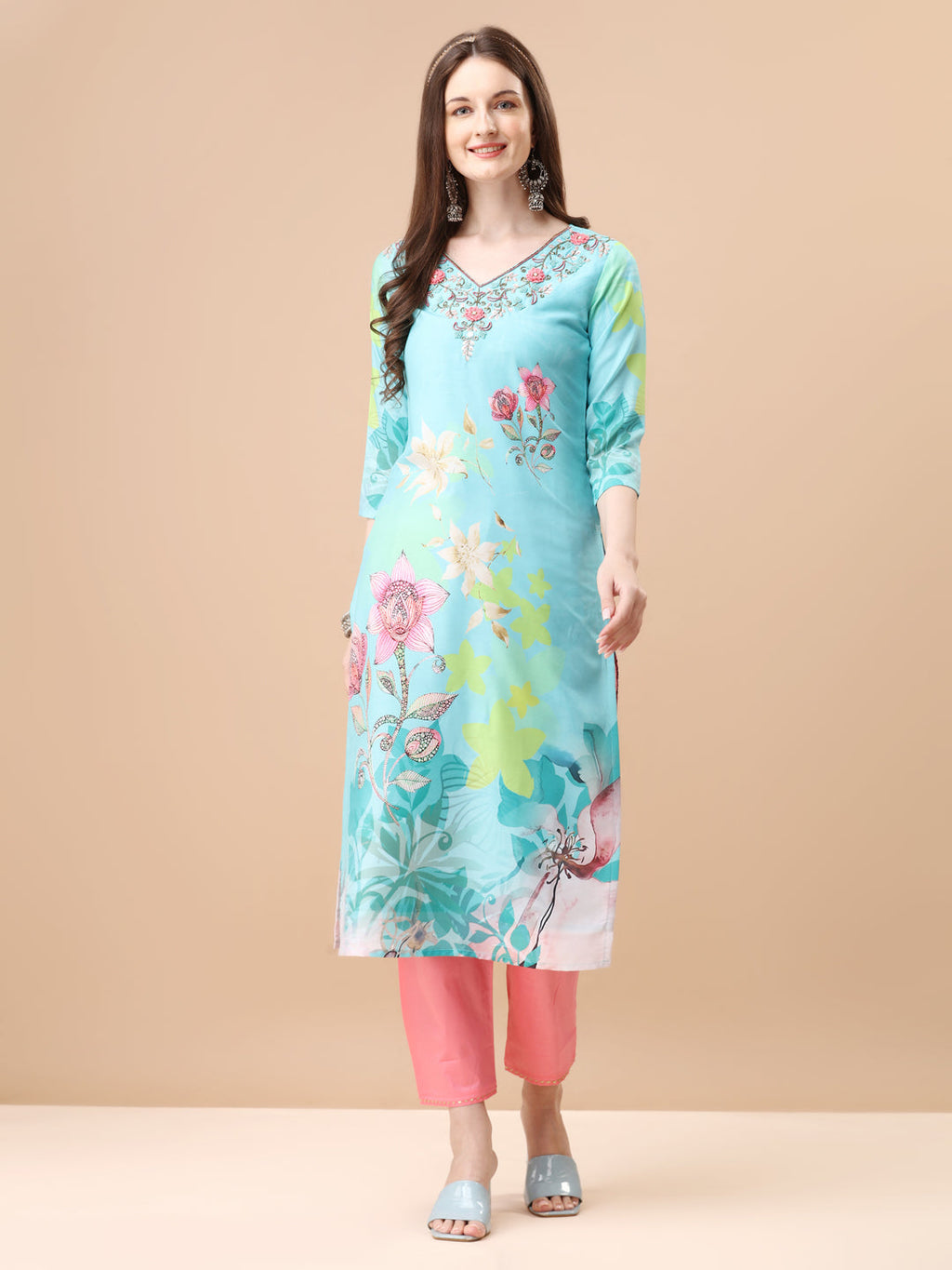 Hand Embroidered Floral Printed Kurta With Pant & Dupatta, Multicolor - Hiral Fashion