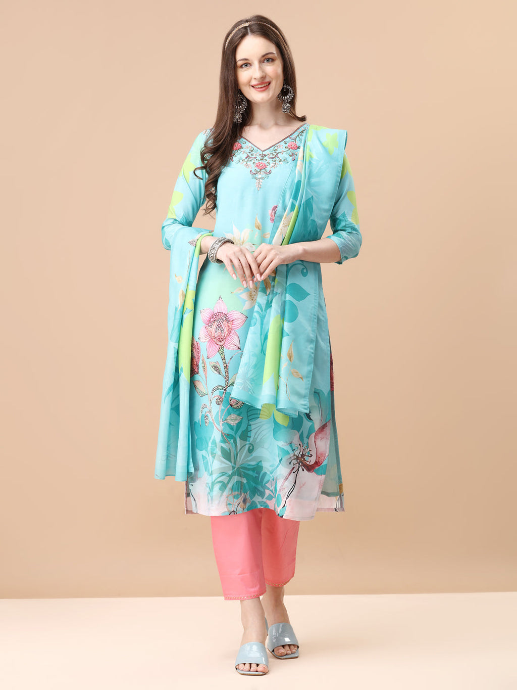 Hand Embroidered Floral Printed Kurta With Pant & Dupatta, Multicolor - Hiral Fashion