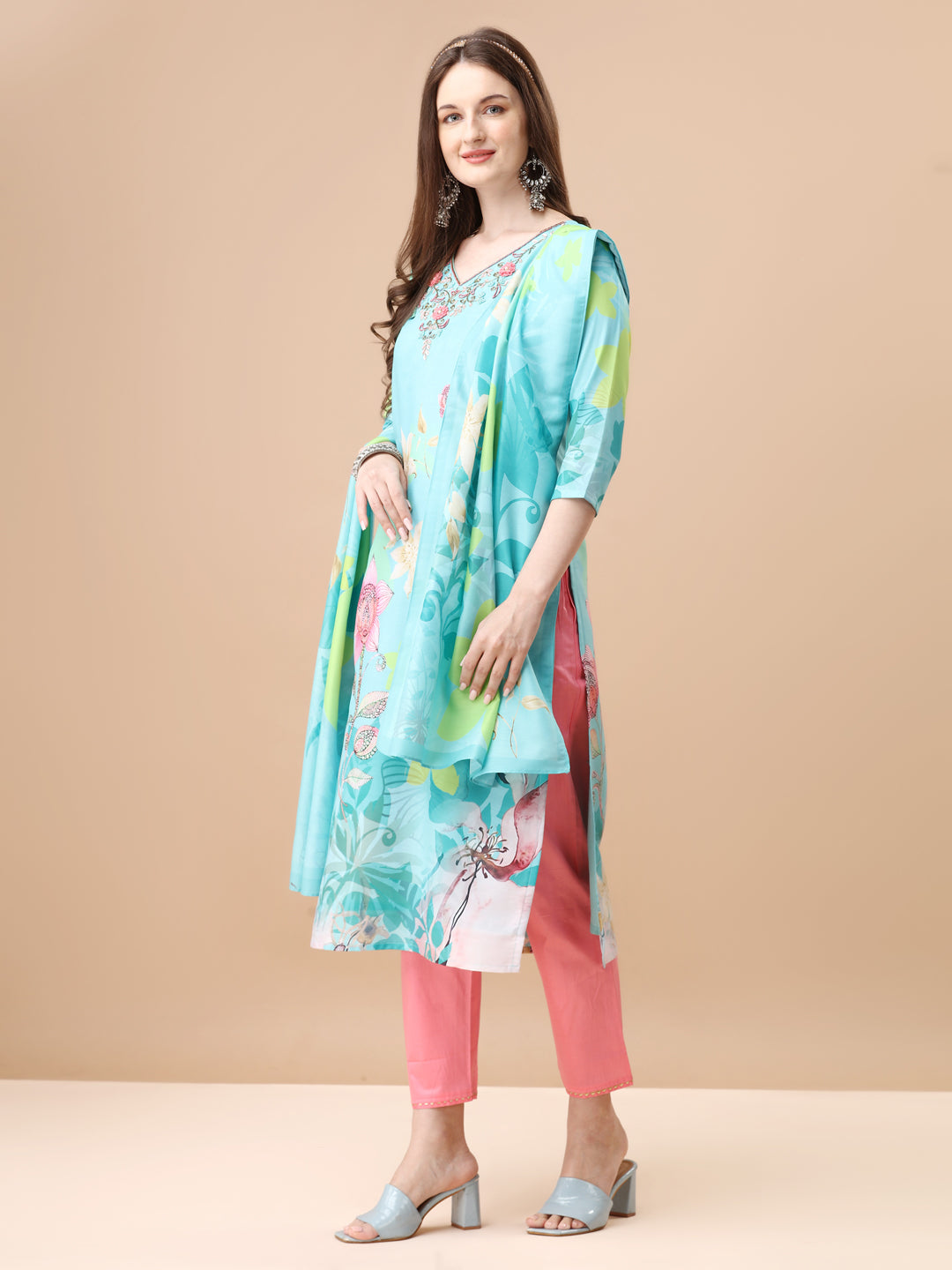 Hand Embroidered Floral Printed Kurta With Pant & Dupatta, Multicolor - Hiral Fashion