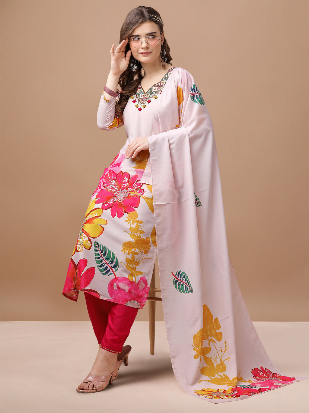Hand Embroidered Floral Printed Muslin Kurta Pant & Dupatta, Multicolor - Hiral Fashion - Distacart