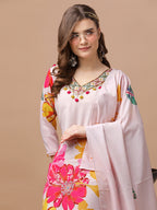 Hand Embroidered Floral Printed Muslin Kurta Pant & Dupatta, Multicolor - Hiral Fashion - Distacart