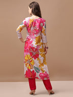 Hand Embroidered Floral Printed Muslin Kurta Pant & Dupatta, Multicolor - Hiral Fashion - Distacart