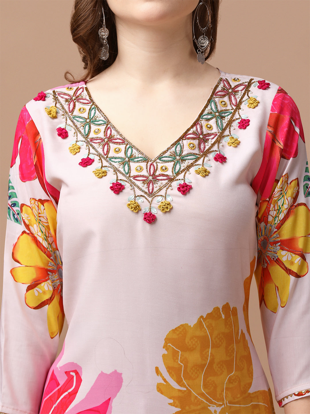 Hand Embroidered Floral Printed Muslin Kurta Pant & Dupatta, Multicolor - Hiral Fashion - Distacart
