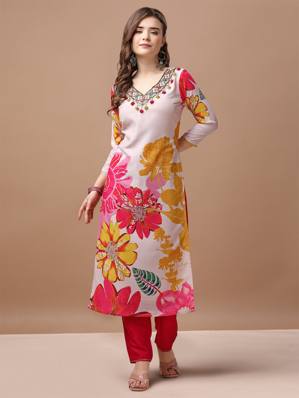 Hand Embroidered Floral Printed Muslin Kurta Pant & Dupatta, Multicolor - Hiral Fashion - Distacart