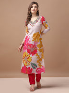 Hand Embroidered Floral Printed Muslin Kurta Pant & Dupatta, Multicolor - Hiral Fashion - Distacart