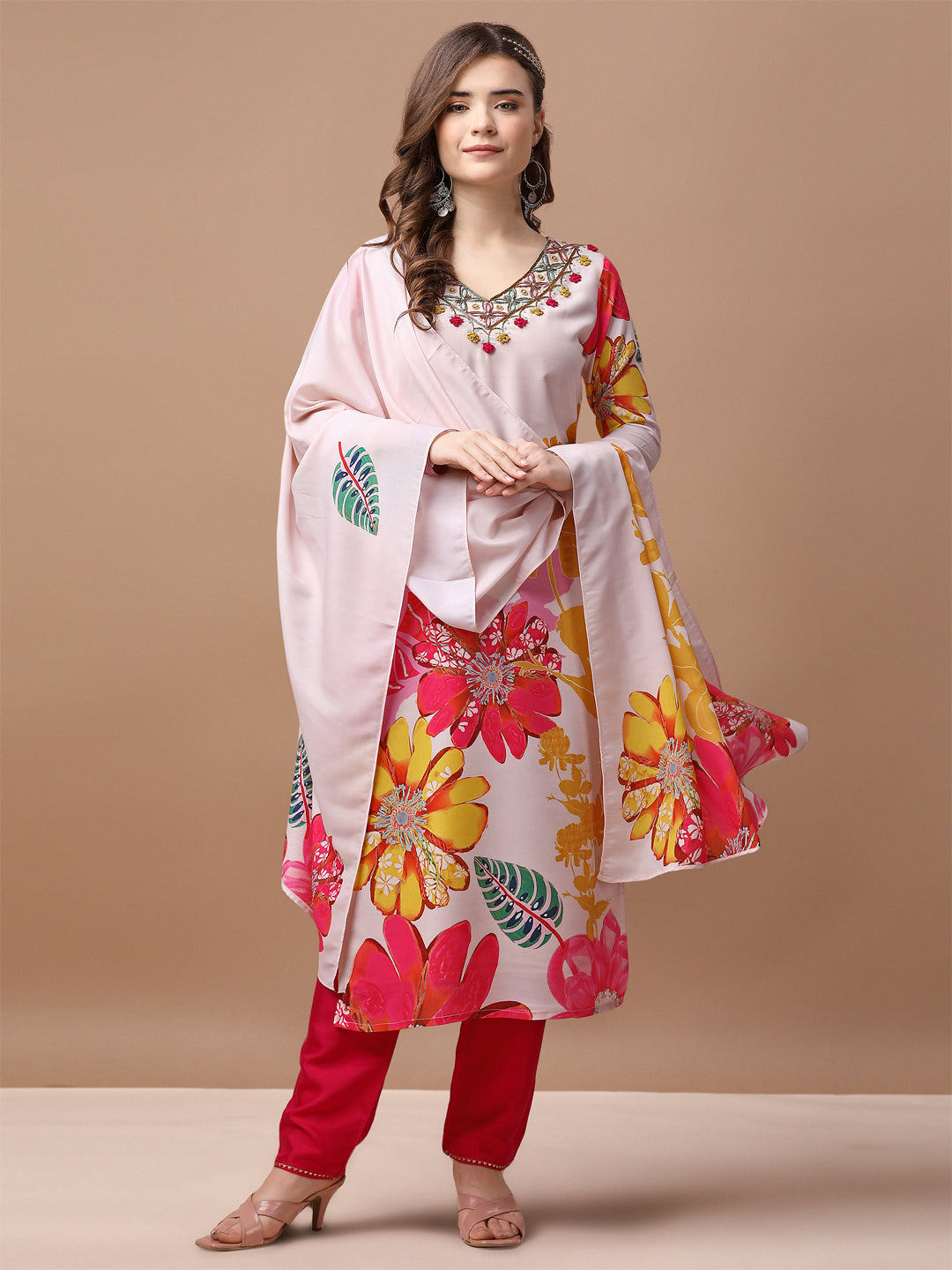 Hand Embroidered Floral Printed Muslin Kurta Pant & Dupatta, Multicolor - Hiral Fashion - Distacart