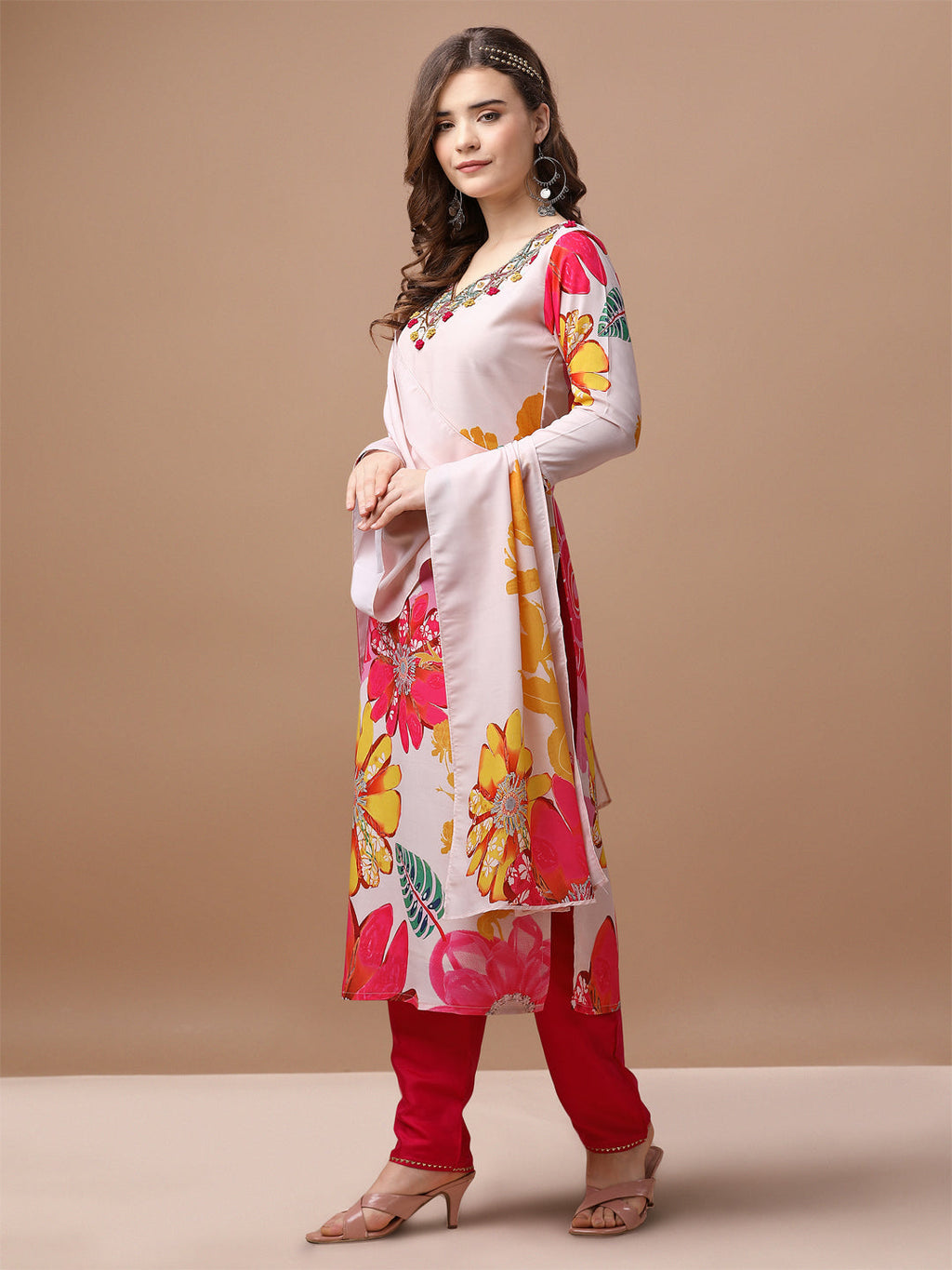 Hand Embroidered Floral Printed Muslin Kurta Pant & Dupatta, Multicolor - Hiral Fashion - Distacart