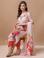 Hand Embroidered Floral Printed Muslin Kurta With Pant & Dupatta, Multicolor - Hiral Fashion - Distacart