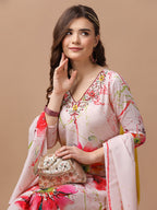 Hand Embroidered Floral Printed Muslin Kurta With Pant & Dupatta, Multicolor - Hiral Fashion - Distacart