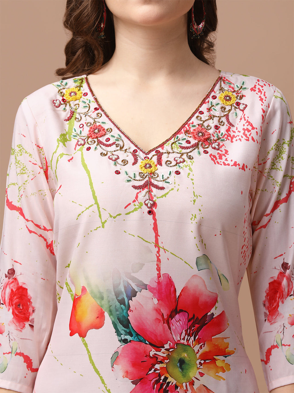 Hand Embroidered Floral Printed Muslin Kurta With Pant & Dupatta, Multicolor - Hiral Fashion - Distacart