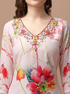 Hand Embroidered Floral Printed Muslin Kurta With Pant & Dupatta, Multicolor - Hiral Fashion - Distacart