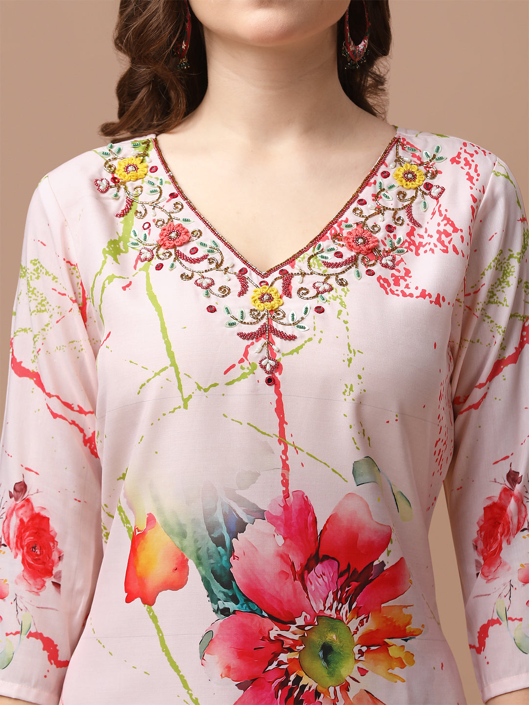 Hand Embroidered Floral Printed Muslin Kurta With Pant & Dupatta, Multicolor - Hiral Fashion - Distacart