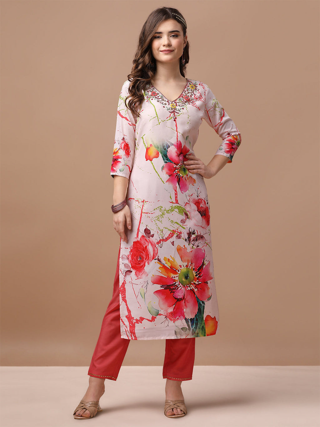 Hand Embroidered Floral Printed Muslin Kurta With Pant & Dupatta, Multicolor - Hiral Fashion - Distacart