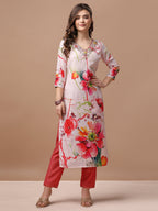 Hand Embroidered Floral Printed Muslin Kurta With Pant & Dupatta, Multicolor - Hiral Fashion - Distacart