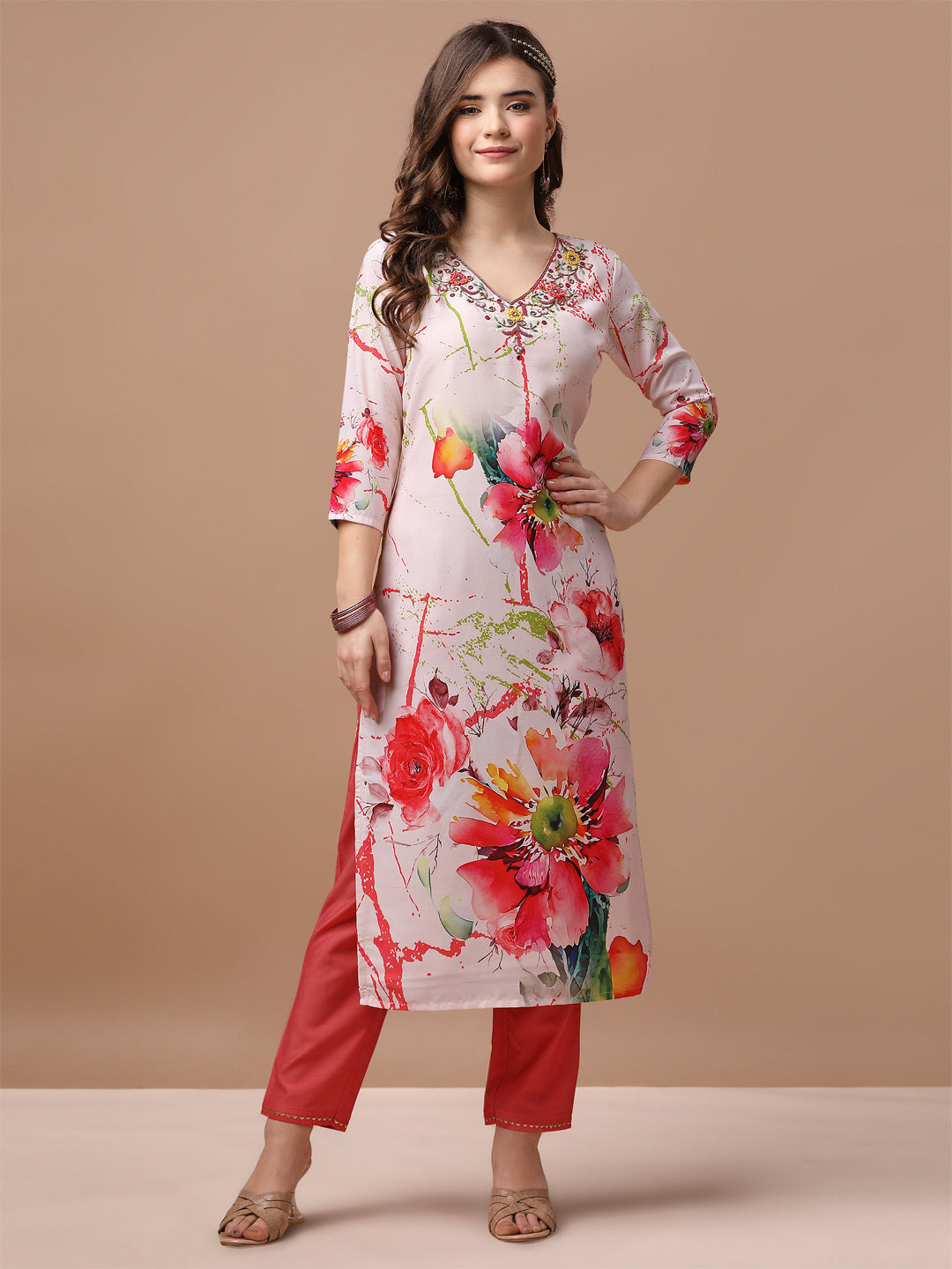 Hand Embroidered Floral Printed Muslin Kurta With Pant & Dupatta, Multicolor - Hiral Fashion - Distacart