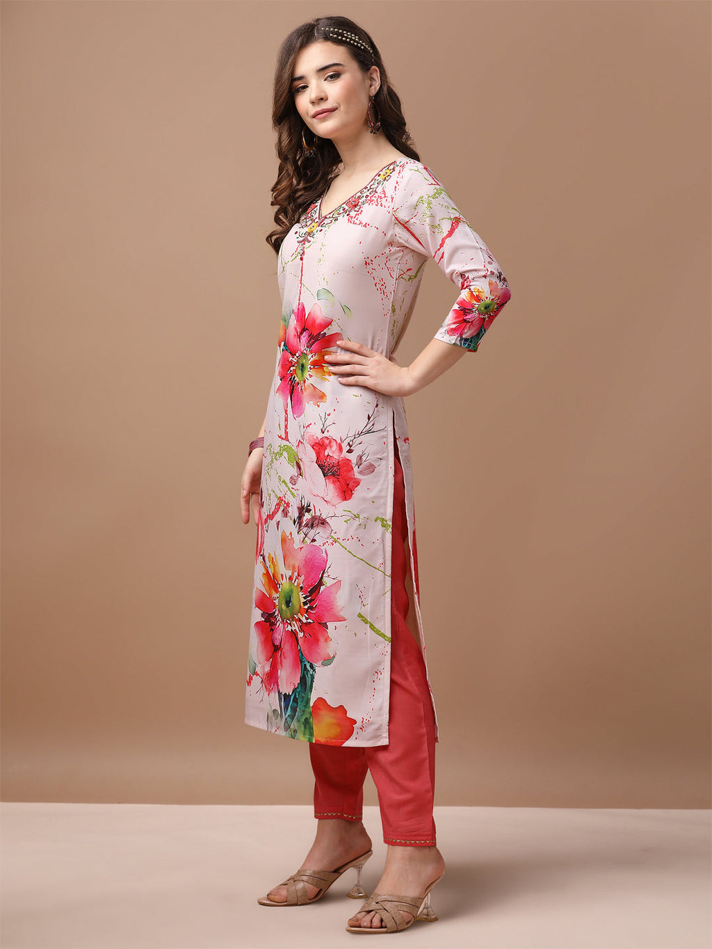 Hand Embroidered Floral Printed Muslin Kurta With Pant & Dupatta, Multicolor - Hiral Fashion - Distacart