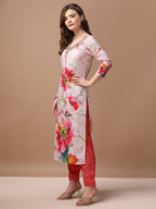 Hand Embroidered Floral Printed Muslin Kurta With Pant & Dupatta, Multicolor - Hiral Fashion - Distacart