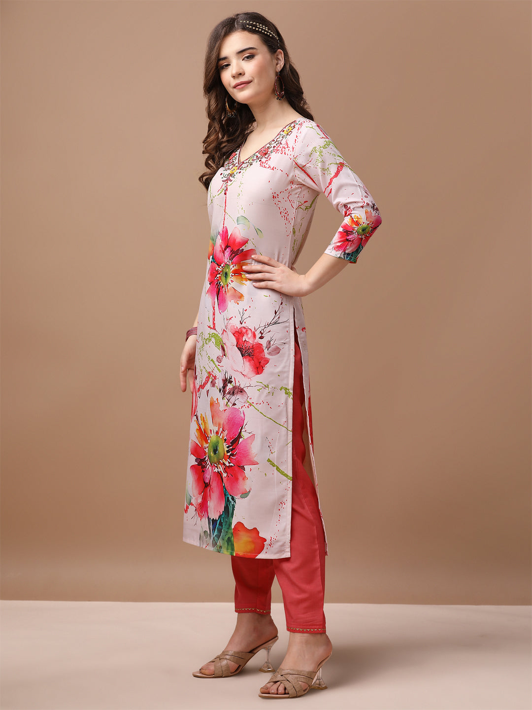 Hand Embroidered Floral Printed Muslin Kurta With Pant & Dupatta, Multicolor - Hiral Fashion - Distacart