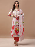 Hand Embroidered Floral Printed Muslin Kurta With Pant & Dupatta, Multicolor - Hiral Fashion - Distacart