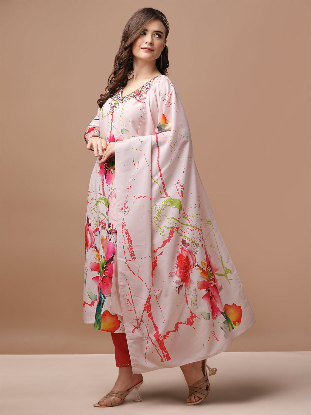 Hand Embroidered Floral Printed Muslin Kurta With Pant & Dupatta, Multicolor - Hiral Fashion - Distacart