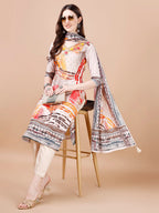 Hand Embroidered Printed Muslin Kurta With Pant & Dupatta, Multicolor - Hiral Fashion - Distacart