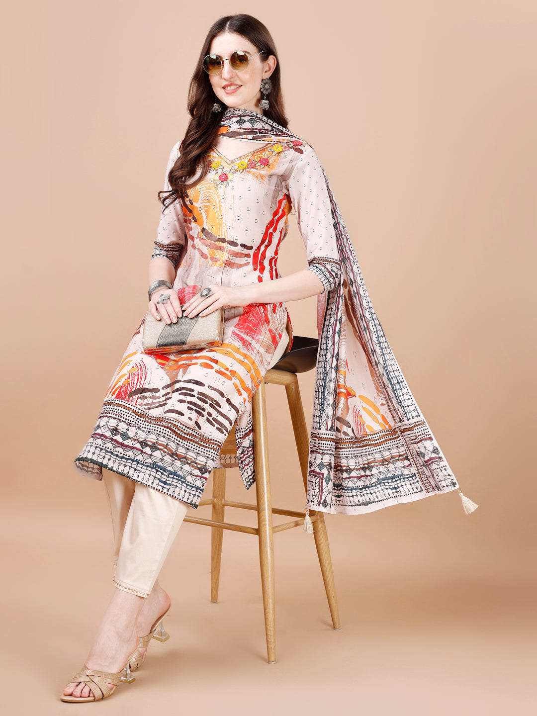 Hand Embroidered Printed Muslin Kurta With Pant & Dupatta, Multicolor - Hiral Fashion - Distacart