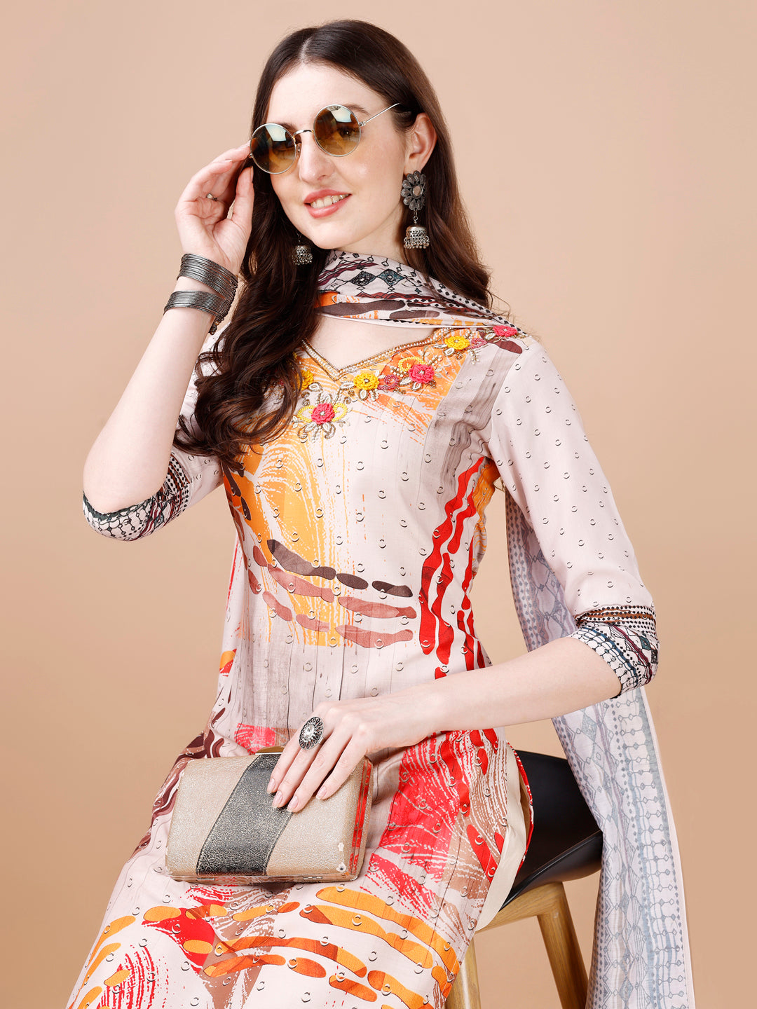 Hand Embroidered Printed Muslin Kurta With Pant & Dupatta, Multicolor - Hiral Fashion - Distacart