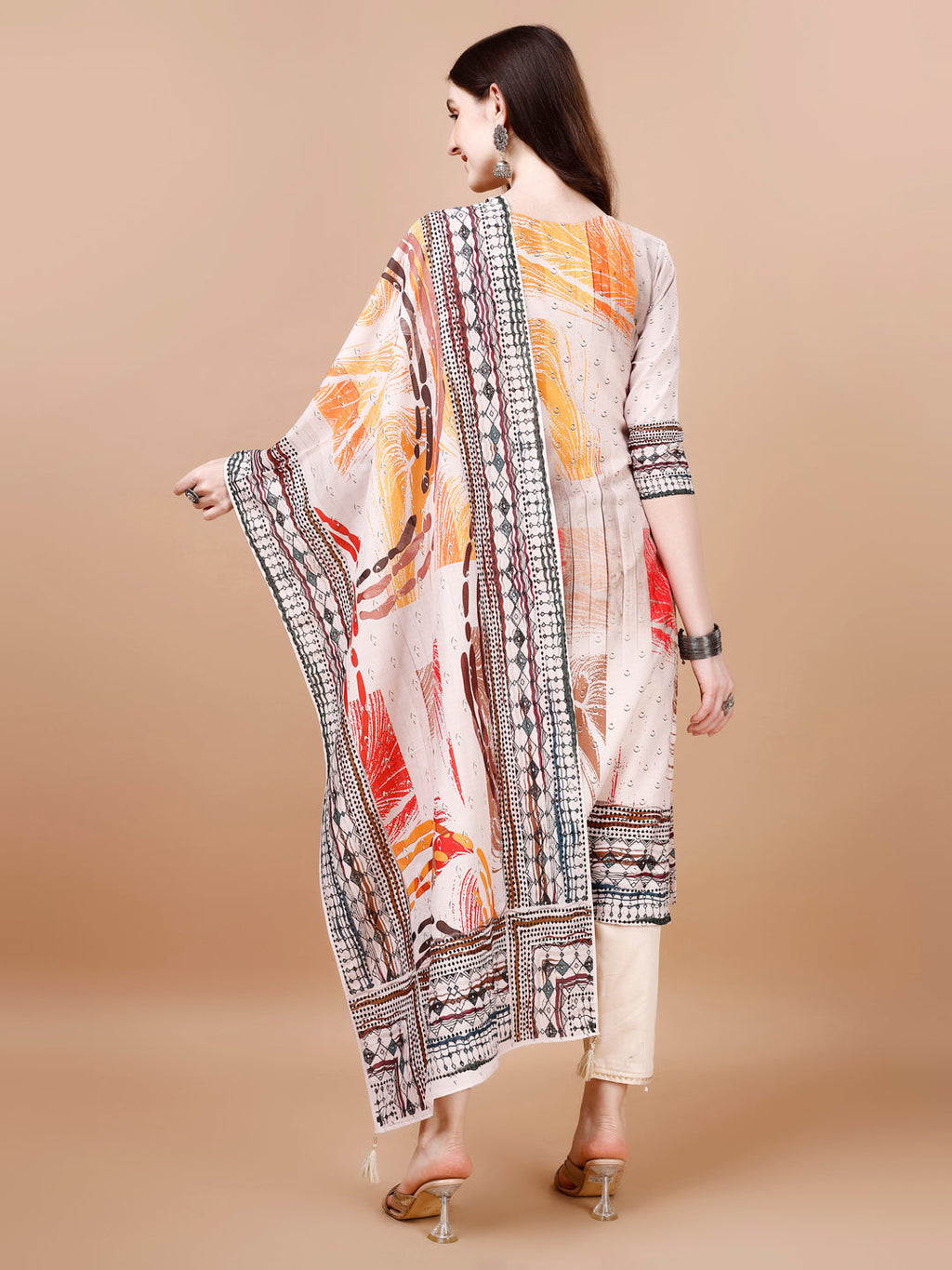 Hand Embroidered Printed Muslin Kurta With Pant & Dupatta, Multicolor - Hiral Fashion - Distacart