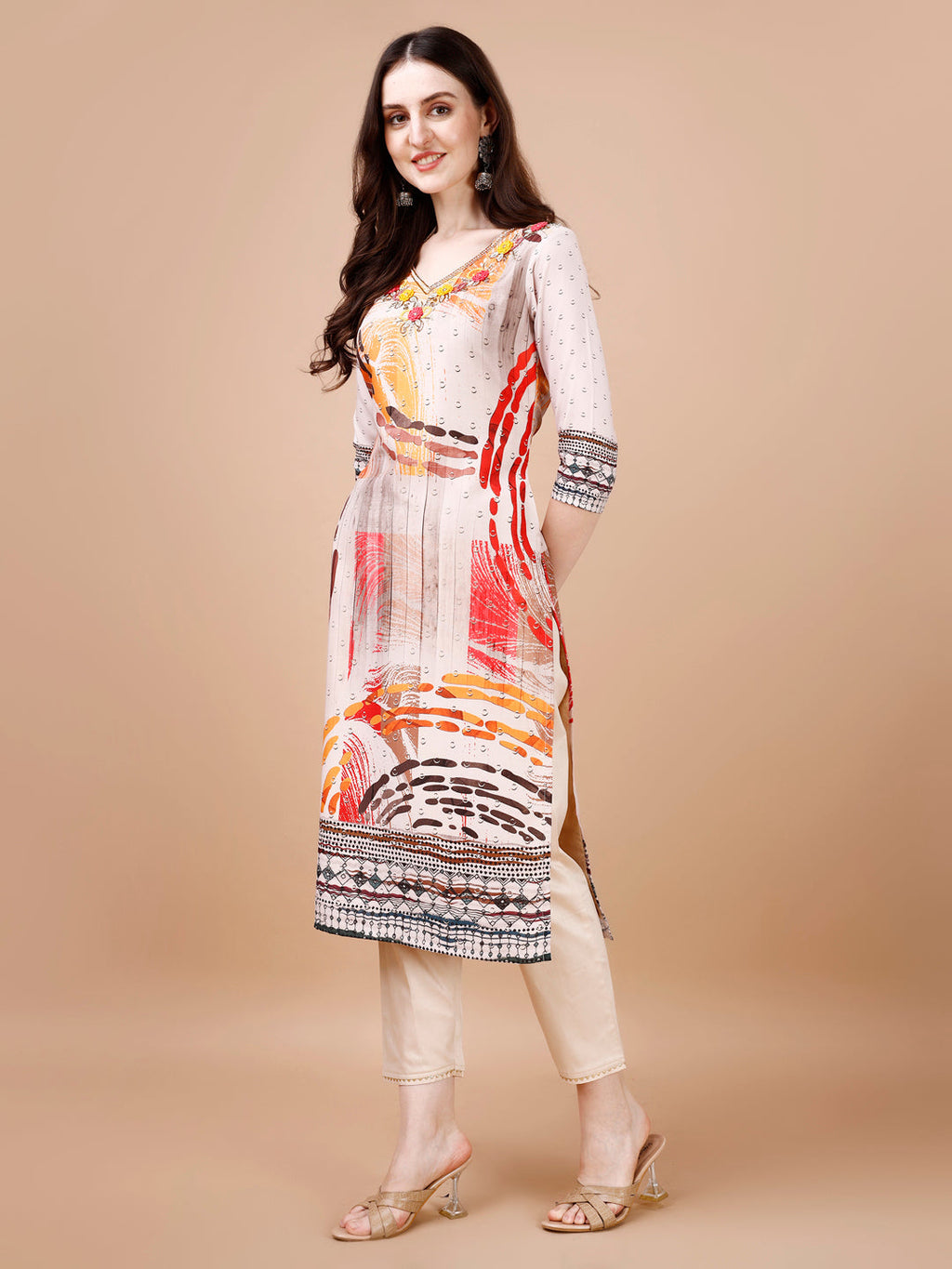 Hand Embroidered Printed Muslin Kurta With Pant & Dupatta, Multicolor - Hiral Fashion - Distacart