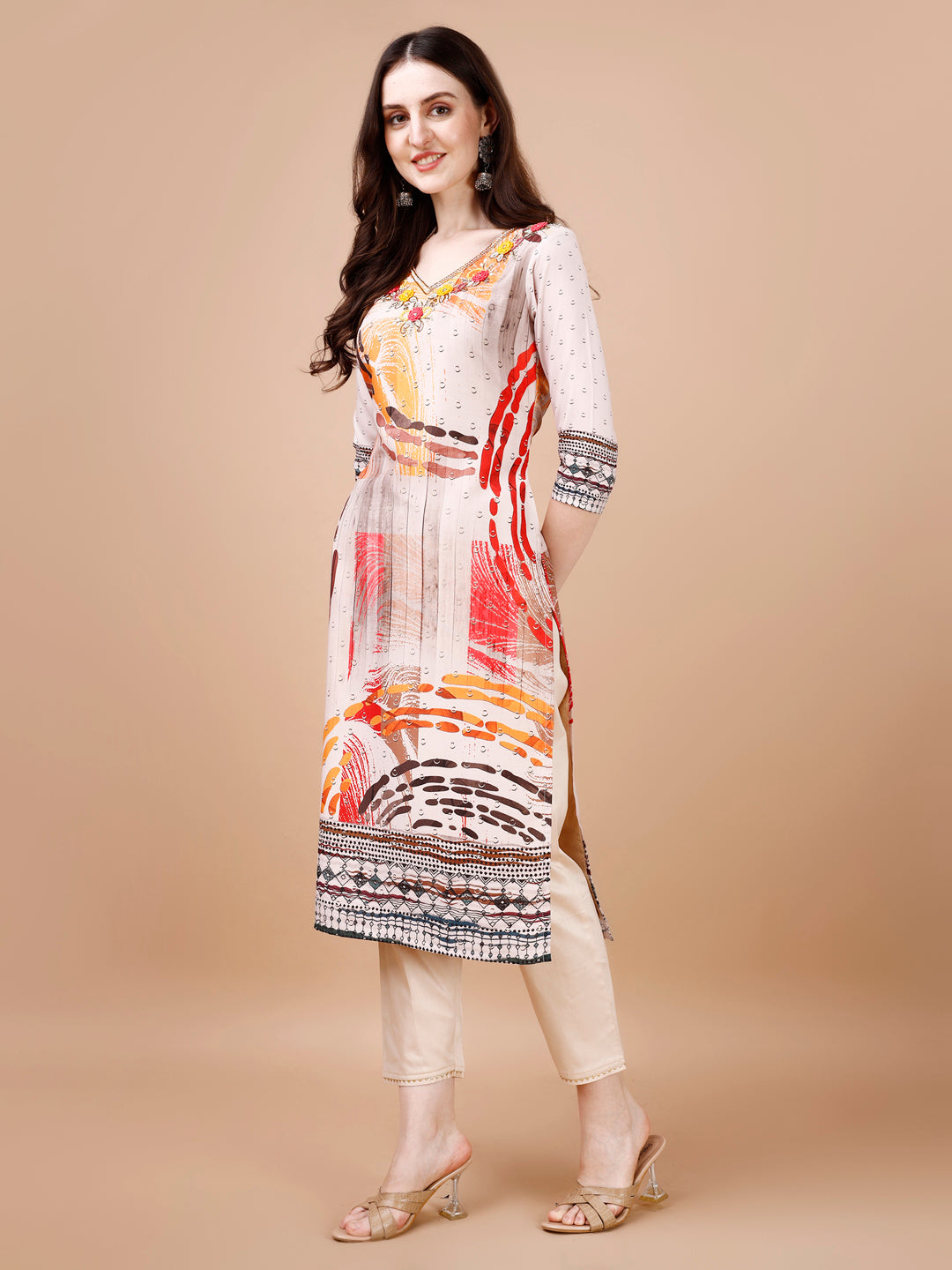 Hand Embroidered Printed Muslin Kurta With Pant & Dupatta, Multicolor - Hiral Fashion - Distacart