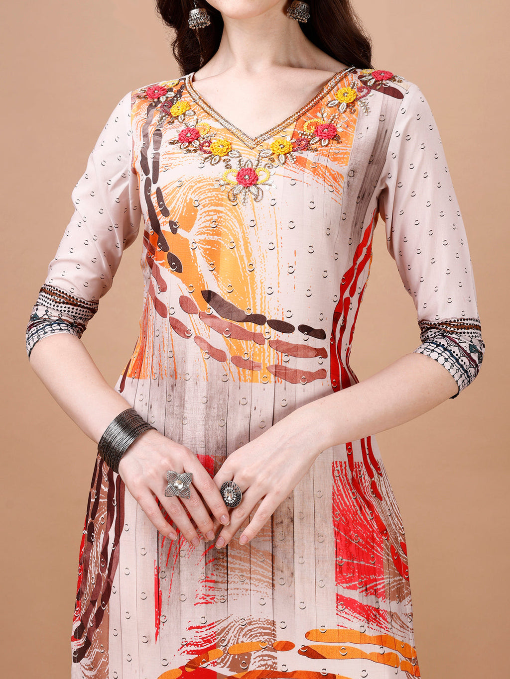 Hand Embroidered Printed Muslin Kurta With Pant & Dupatta, Multicolor - Hiral Fashion - Distacart
