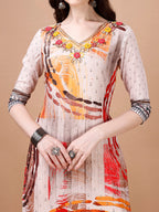 Hand Embroidered Printed Muslin Kurta With Pant & Dupatta, Multicolor - Hiral Fashion - Distacart