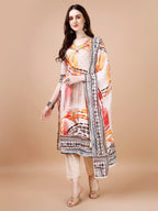 Hand Embroidered Printed Muslin Kurta With Pant & Dupatta, Multicolor - Hiral Fashion - Distacart