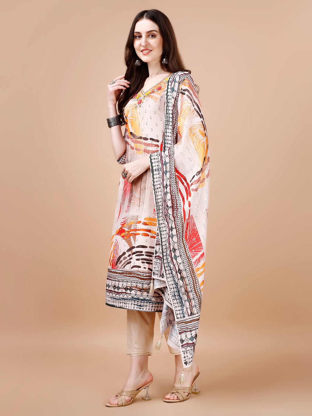 Hand Embroidered Printed Muslin Kurta With Pant & Dupatta, Multicolor - Hiral Fashion - Distacart
