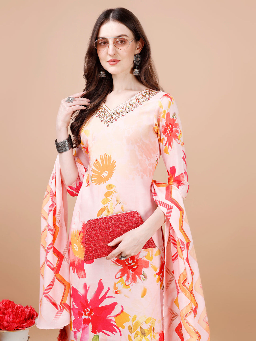 Hand Embroidered Floral Printed Muslin Kurta With Pant & Dupatta, Multicolor - Hiral Fashion